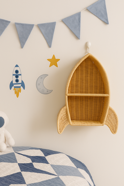 Woven rocket-shaped shelf on a wall with decorative elements in a child's room.