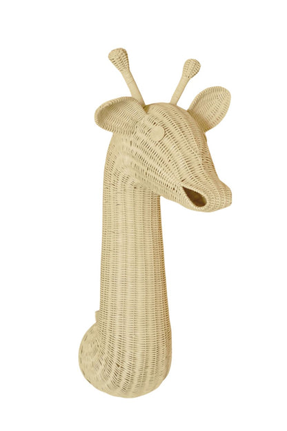 Wicker giraffe-shaped wall decoration on a white background. Safari theme play room. Boho nursery. 