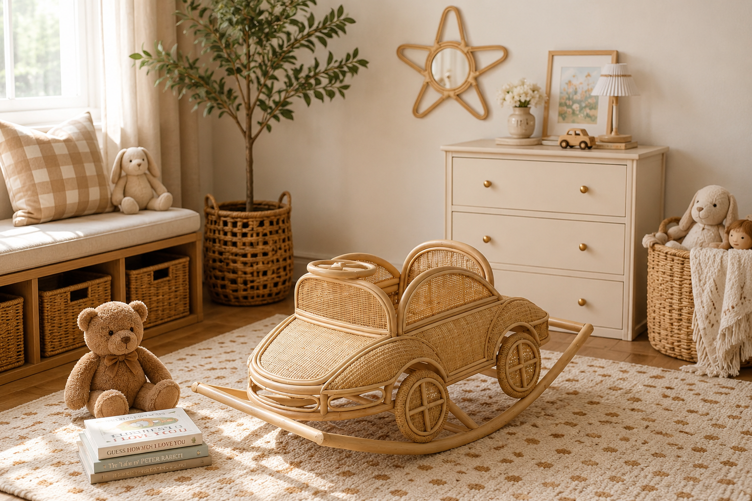Wooden rocking car in a child's room with toys and furniture.