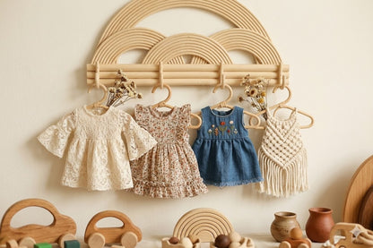 Children's dresses hanging on a wooden rack against a beige wall with toys below.