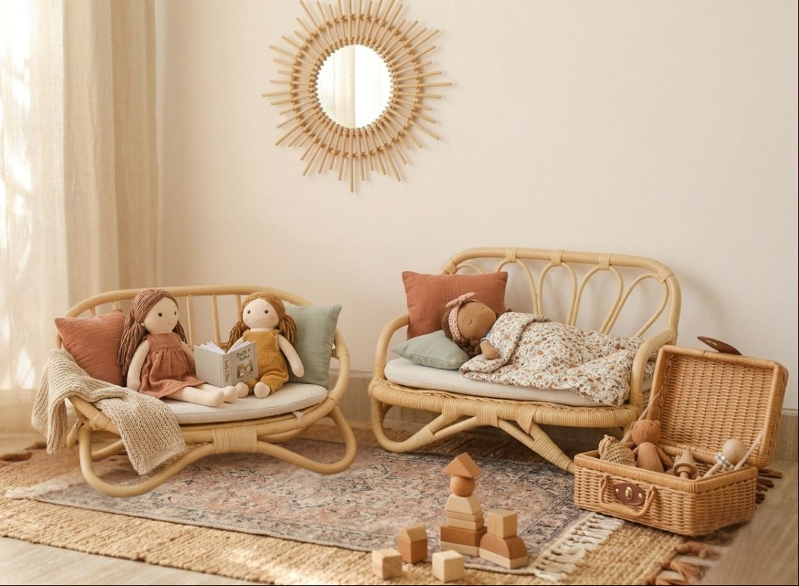 Children's room with wicker furniture, plush toys, and a basket filled with items.