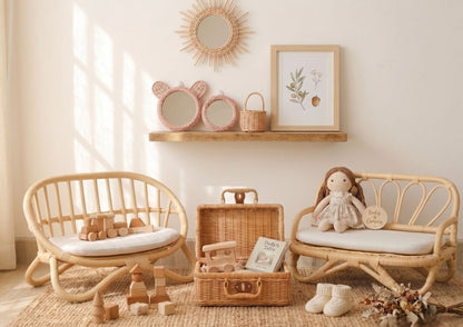 Nursery room with wicker furniture, toys, and decor elements.