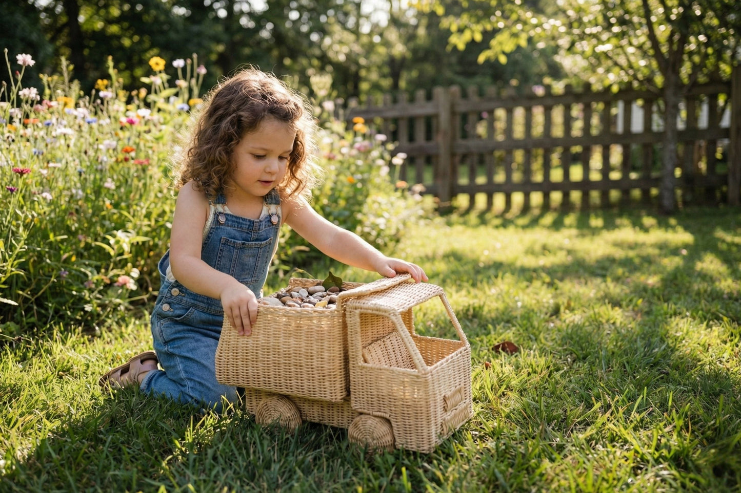 Child playing with a woven basket in a garden. Truck has turning wheels. Toddler boy birthday present. 