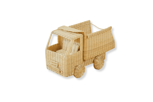A dump truck with spinning wheels and a liftable tray. Good for little boy birthday present