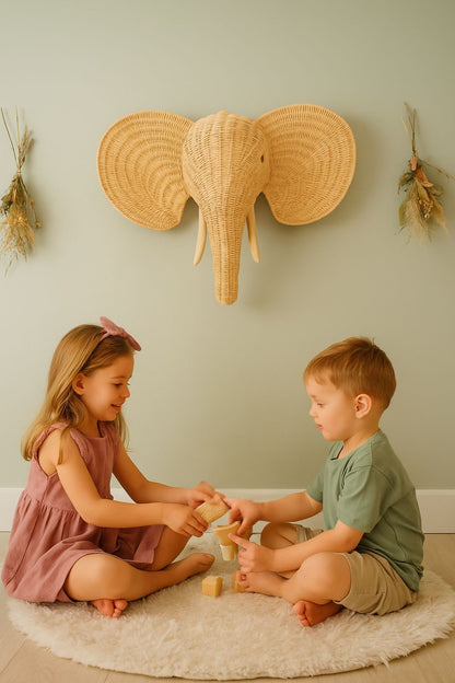Rattan Elephant Wall Decor – Safari Nursery Wall Art | Boho Kids Room Animal Head | Handmade Natural Rattan Décor