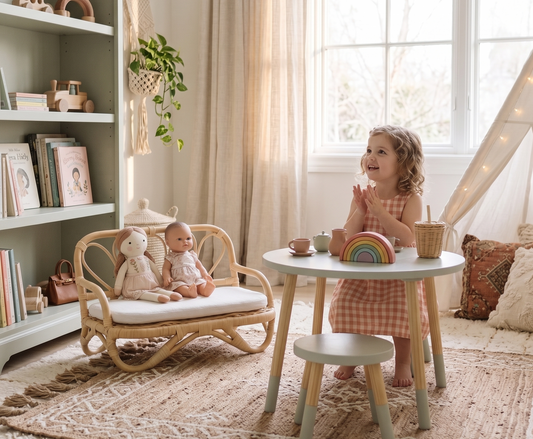 Child playing with toys in a cozy room with a bookshelf and window.