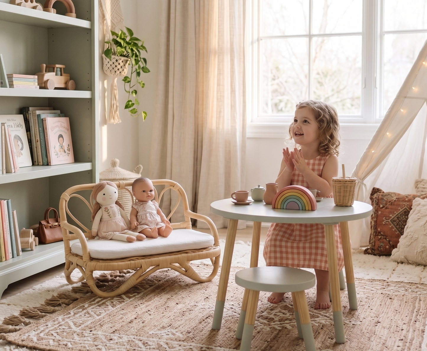Child playing with toys in a cozy room with a bookshelf and window.