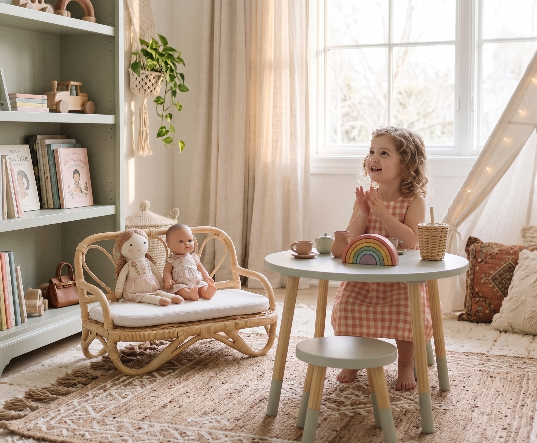 Child playing with toys in a cozy room with a bookshelf and window.