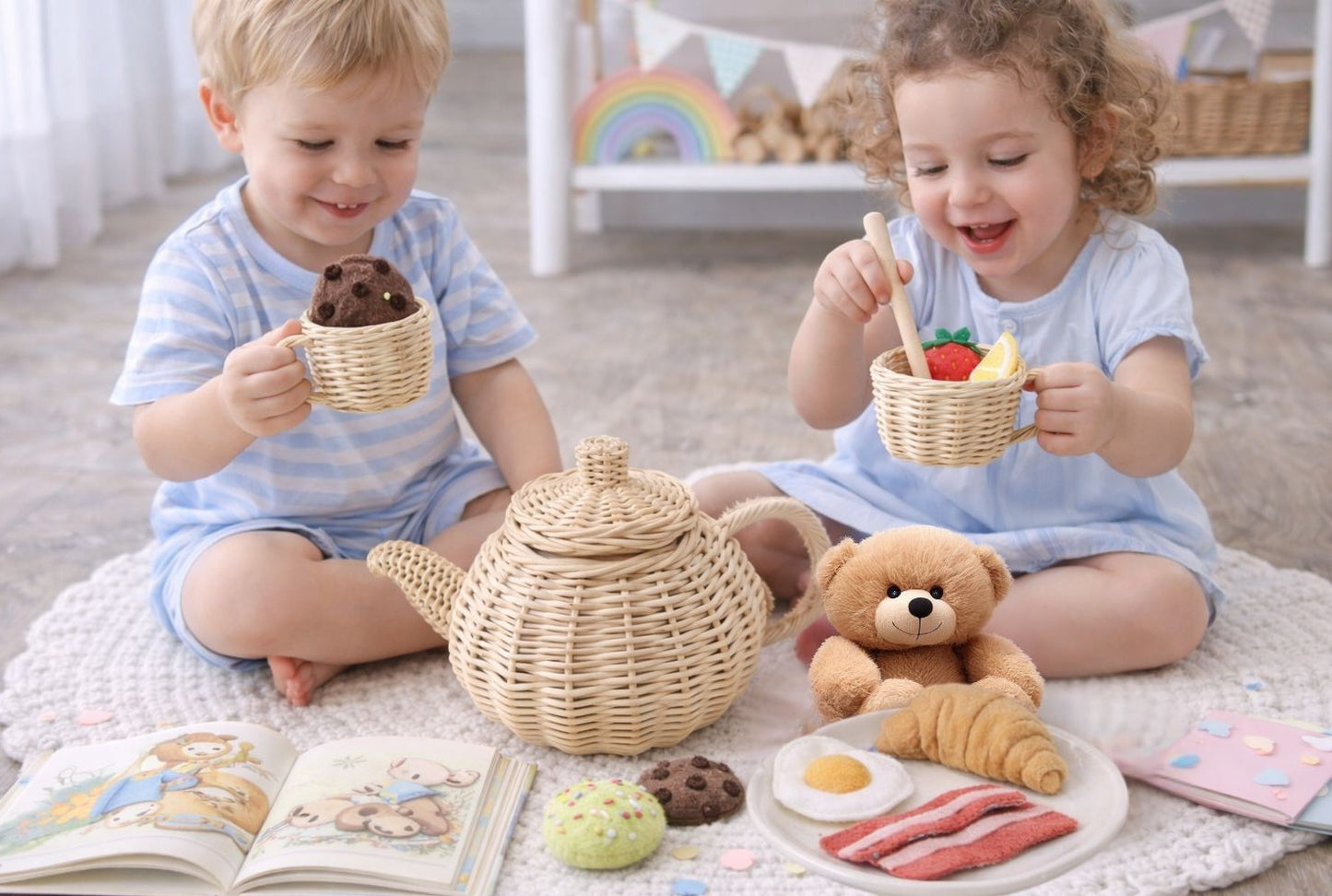 Montessori-inspired wicker tea set encouraging open-ended play