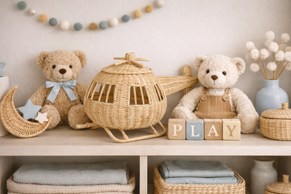 Children's room shelf with teddy bears, wicker helicopter, and 'PLAY' blocks.