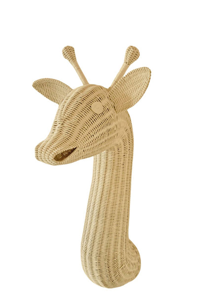 Woven giraffe head decoration on a white background. Kids room boho style. 