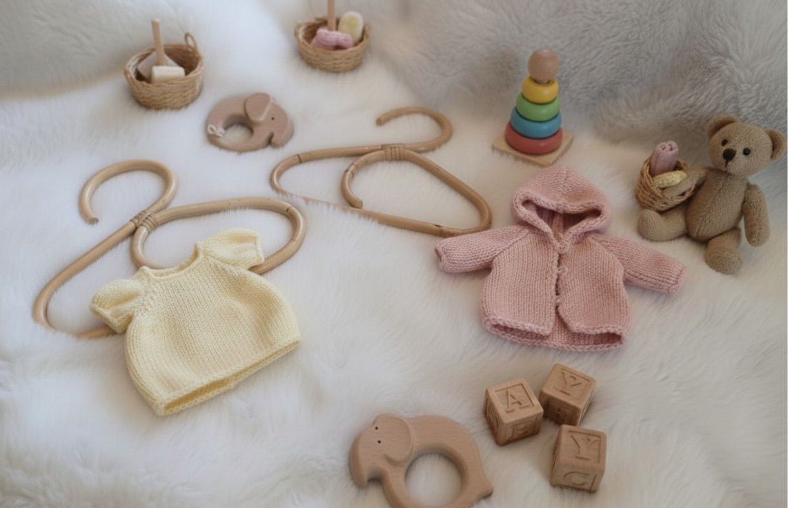 Cotton made doll clothes on a sheep rug with rattan hangers and toys. 