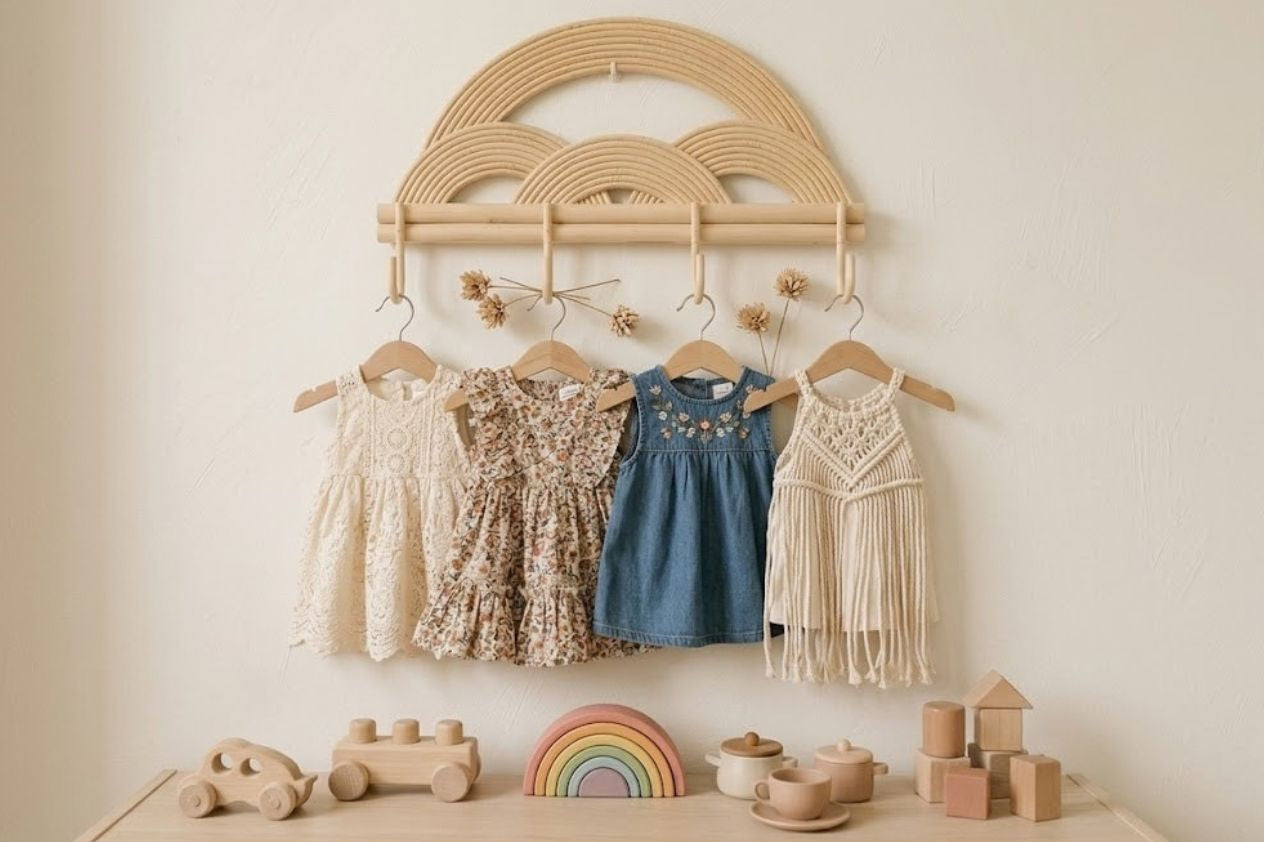 Children's dresses hanging on a wall with toys on a table below.