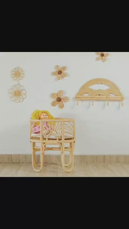 Boho Rattan Doll Crib – Handmade Toy Bassinet for Girls | Heirloom Montessori Pretend Play Nursery Furniture