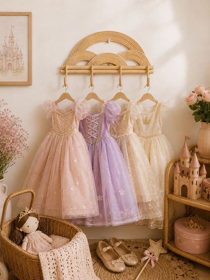 Children's dresses hanging on a rack with toys and decor in a room.