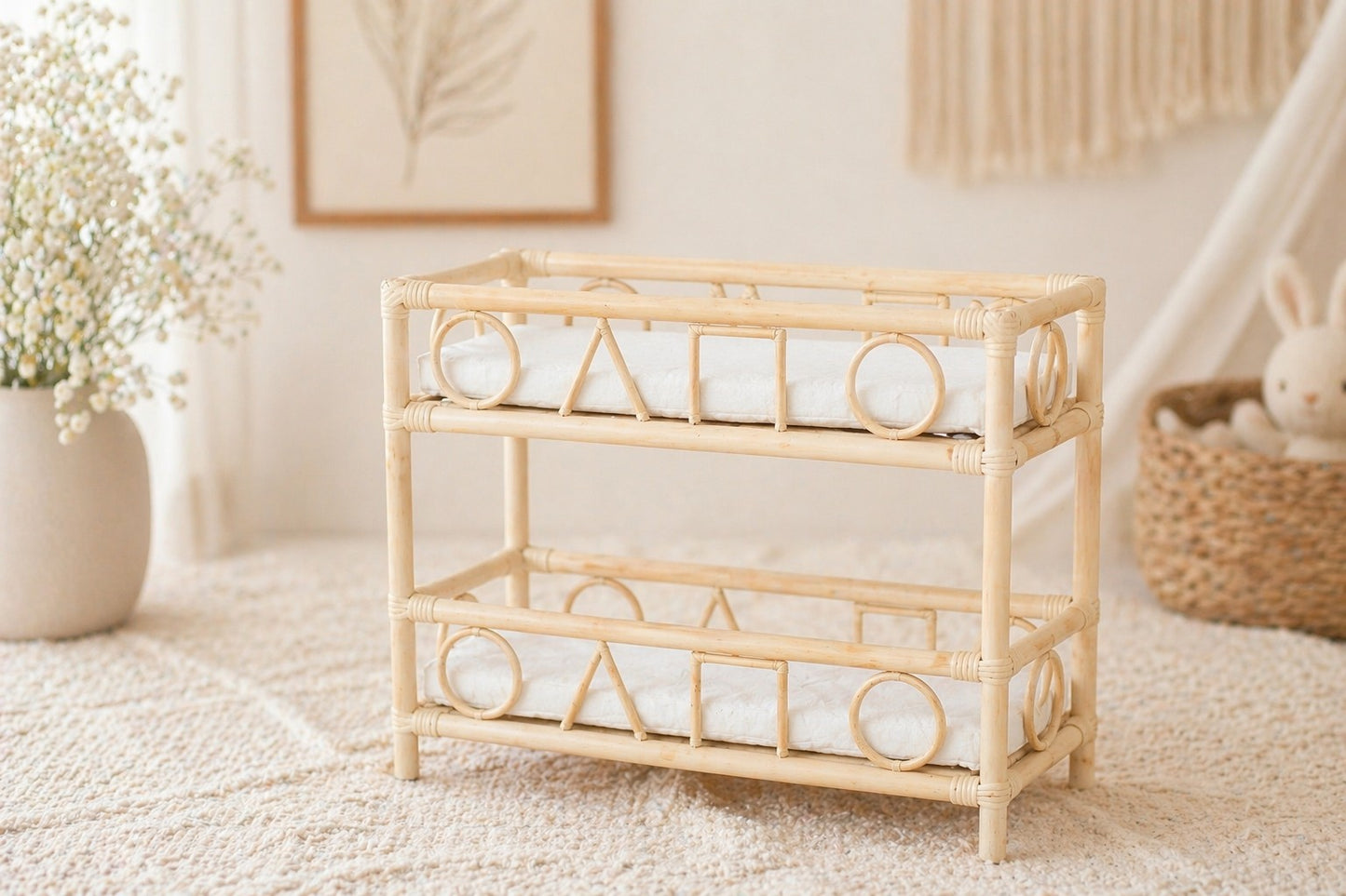 Wooden basket with decorative elements in a home setting
