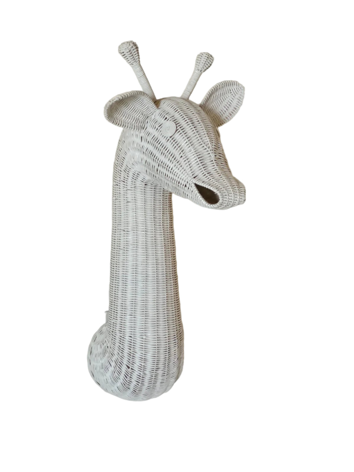Wicker giraffe head wall decoration on a white background. Kids room decoration. Nursery decoration. 