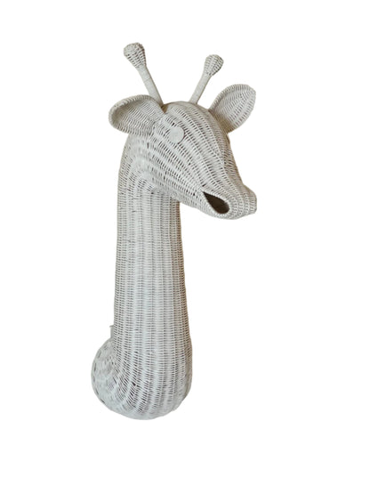 Wicker giraffe head wall decoration on a white background. Kids room decoration. Nursery decoration. 