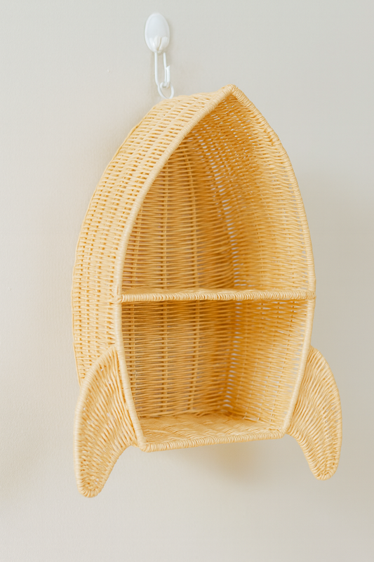 hand-made rattan spaceship themed wall shelf for kids room decor