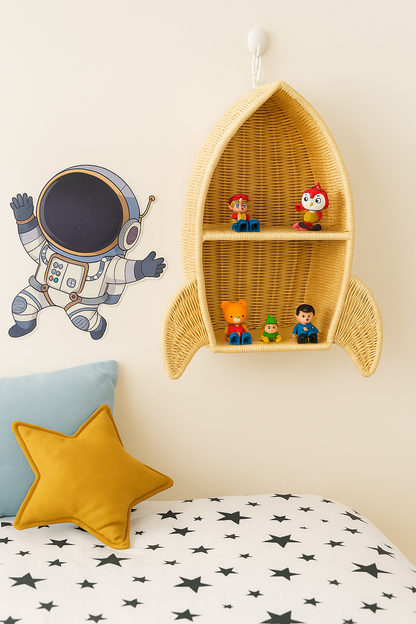Rocket-shaped wicker shelf with toys against a light wall, next to a bed with star-patterned bedding. Star bed pillow. 