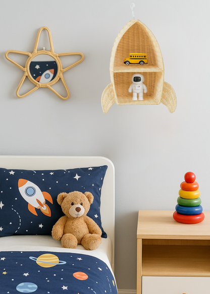 A star shaped wall mirror with a spaceship wall storage shelf holding kids toys. A stuffy sits on the bed with rocket-ship bed covers and pillow. 