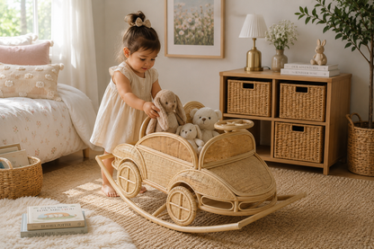 Child playing with a wooden toy car in a cozy room with furniture and decor.