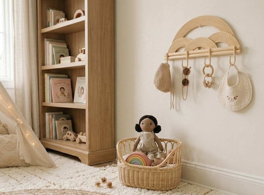 Children's room with wooden bookshelf, wicker basket, and cloud-shaped hook
