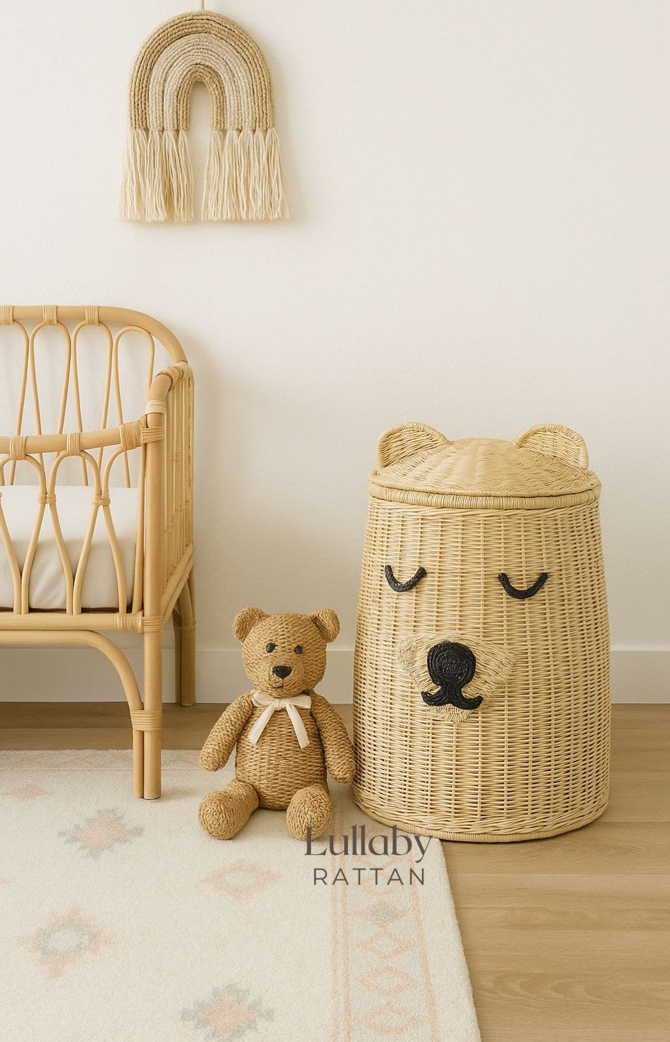 Handwoven Rattan Bear Laundry Basket | Cute Toy Storage Hamper