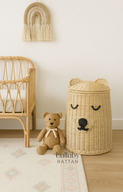 Handwoven Rattan Bear Laundry Basket | Cute Toy Storage Hamper