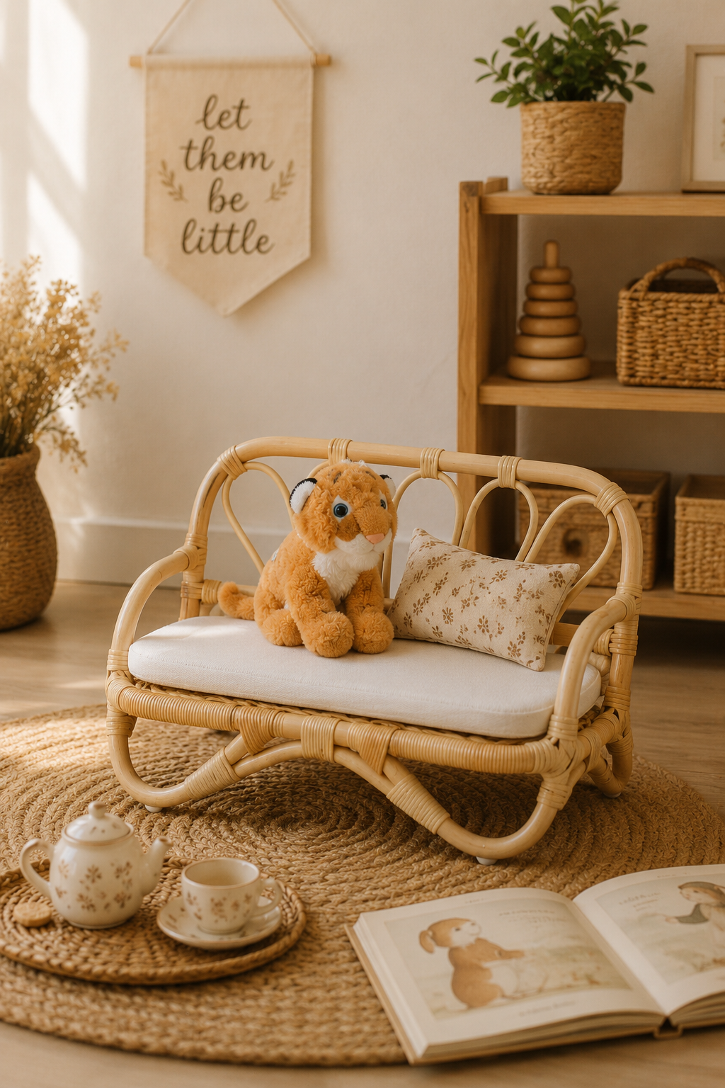 Children's room with a wicker chair, teddy bear, and toys on a wooden floor.