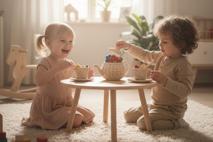 Natural wicker tea set for toddlers supporting sensory play