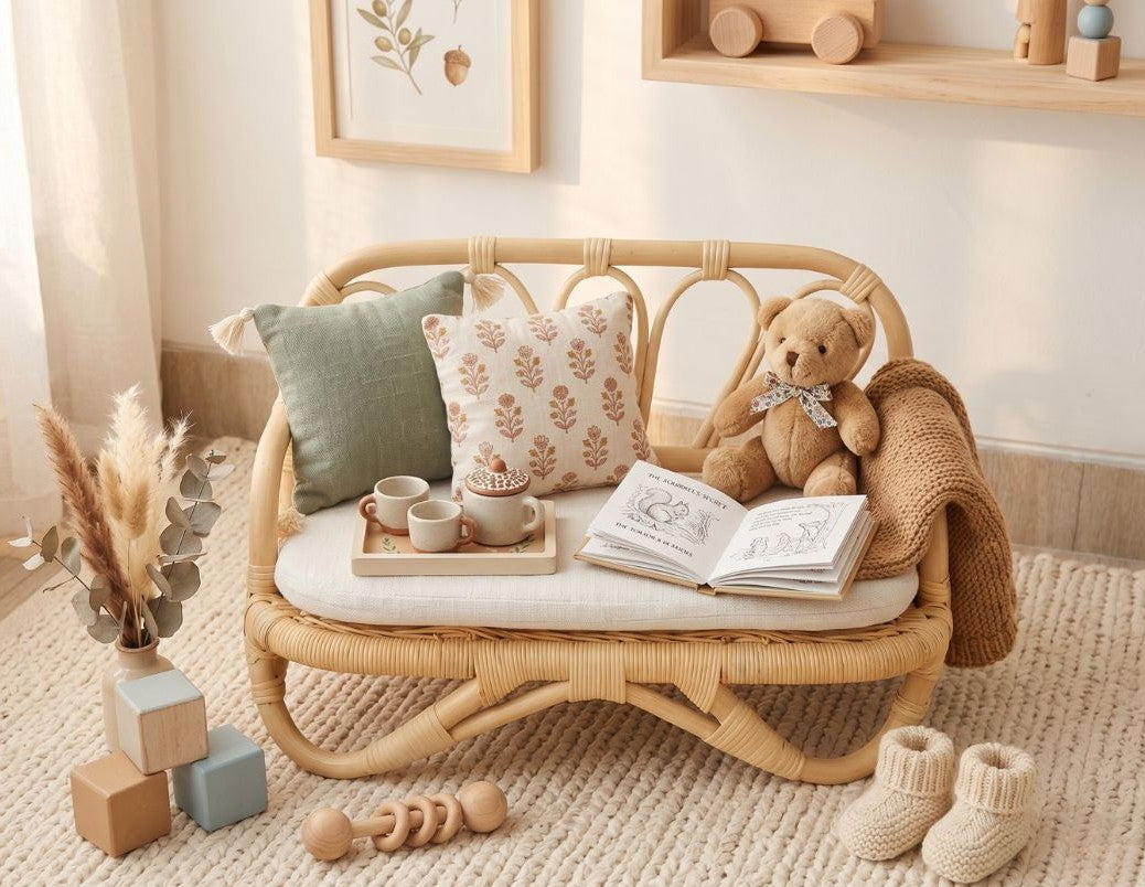 Children's playroom with a wicker bench, teddy bear, and toys.