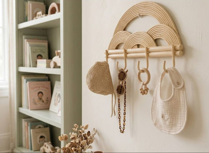 Woven wall hook with decorative items on a neutral wall next to a bookshelf. Hat hanging ideas. 