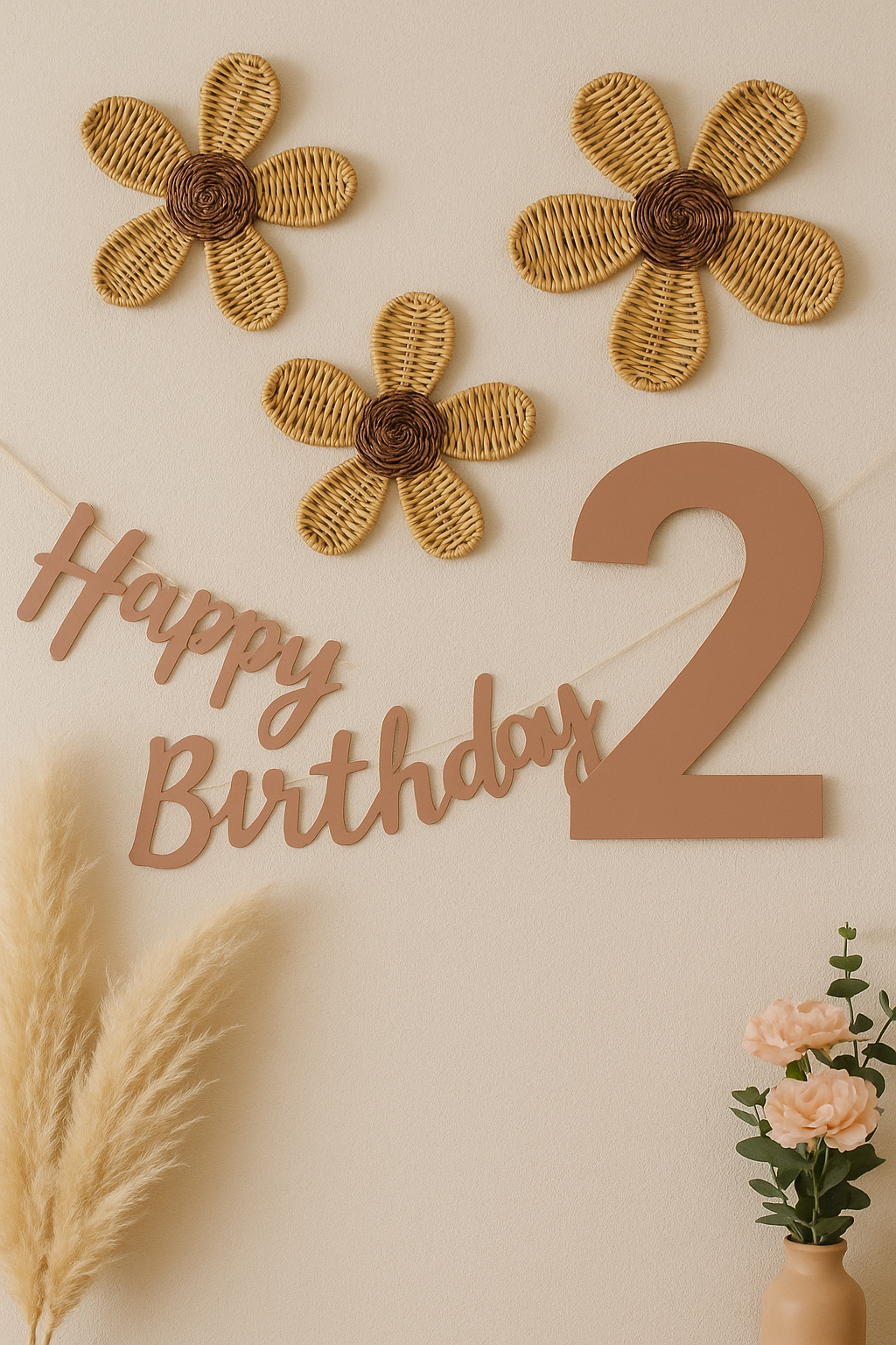 A set of 3 rattan wall decor flowers sitting on a pink pastel wall. It has a sign saying happy 2nd birthday. Beside this is a pot of flowers, roses, and dried flowers. It is a pretty scene. 