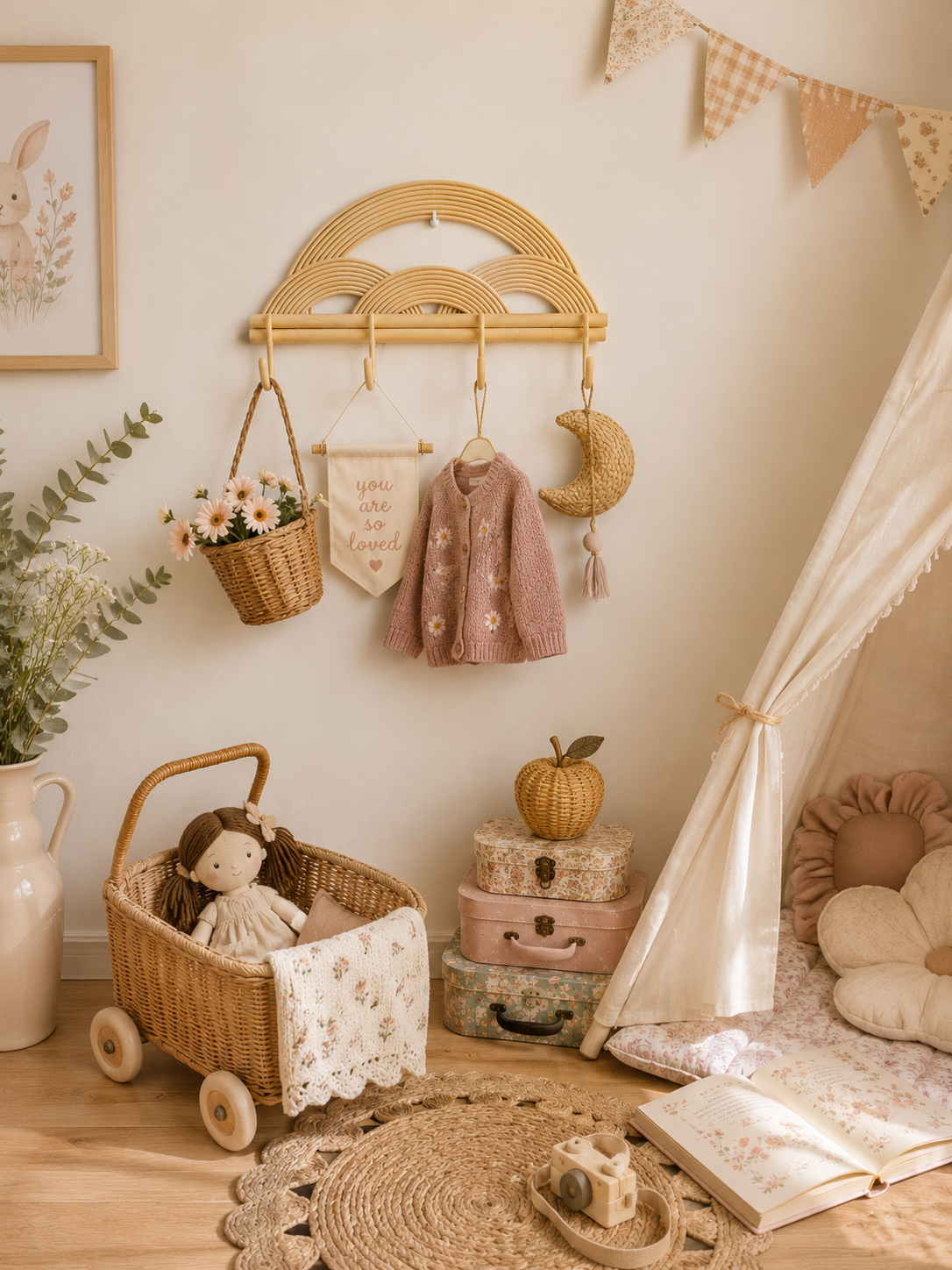 Children's room with toys, a tepee, and decorative elements on a light-colored wall.