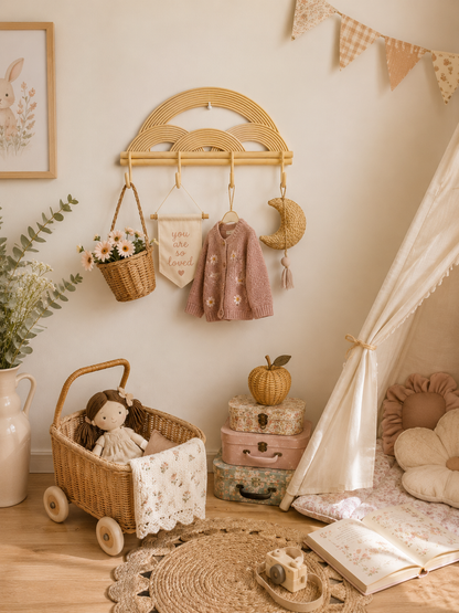 Children's room with toys, a tepee, and decorative elements on a light-colored wall.
