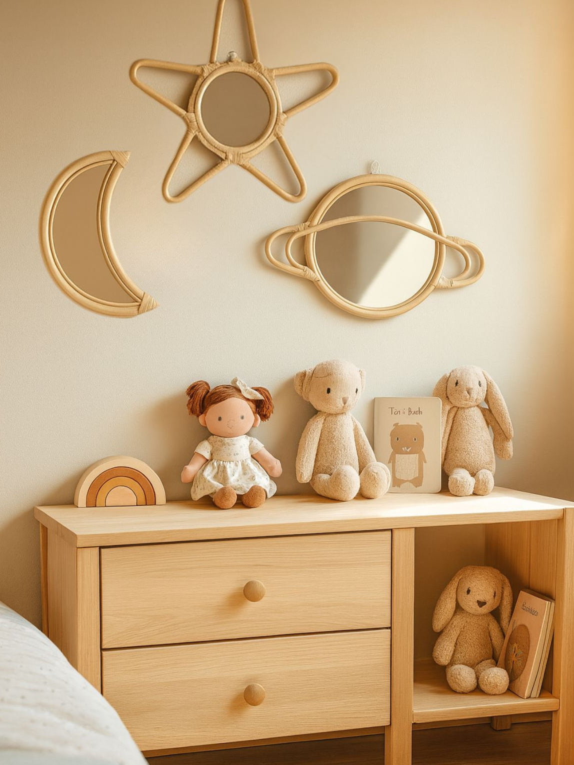 Rattan Star Wall Mirror – Boho & Space Kids Room Decor - Celestial