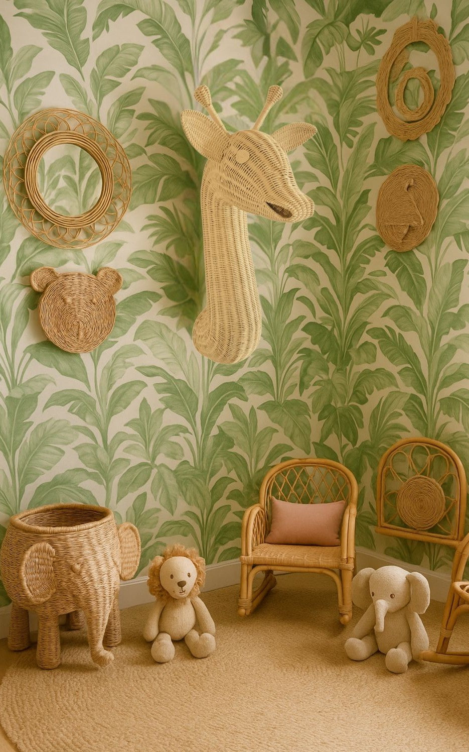 Children's room with decorative wall art, toys, and furniture against a leafy green wallpaper.