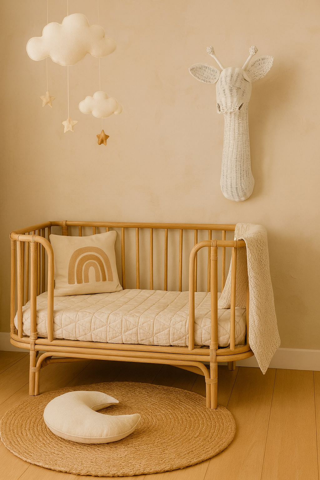 Nursery room with wooden crib, decorative pillows, and wall art. Cloud art. Animal art. Giraffe art. 