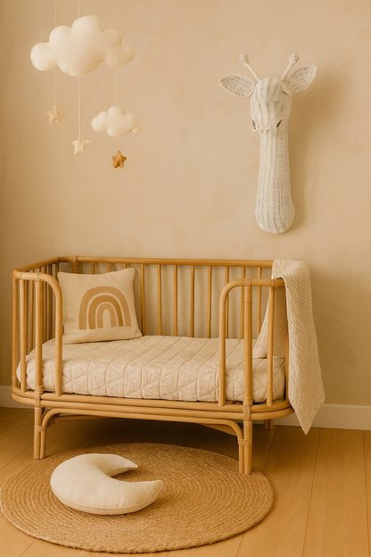 Nursery room with wooden crib, decorative pillows, and wall art. Cloud art. Animal art. Giraffe art. 