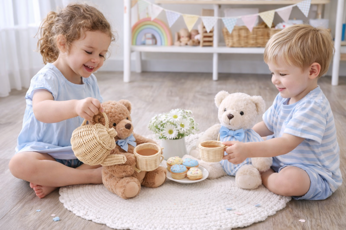 Boho playroom styled with wicker tea set and wooden toys
