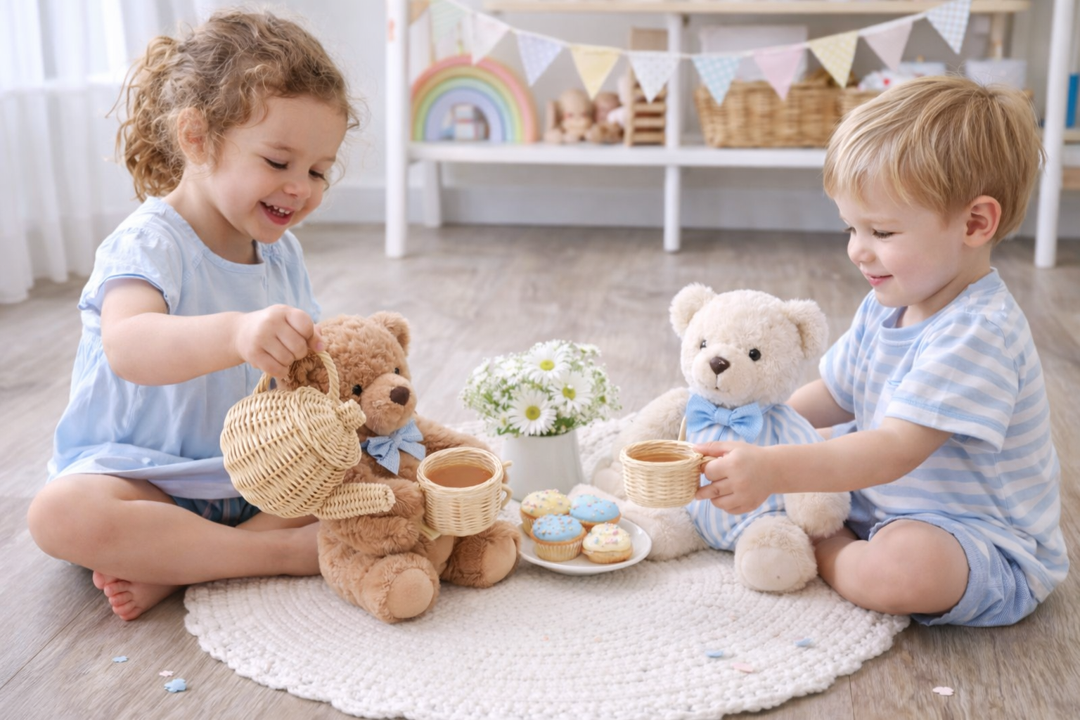 Boho playroom styled with wicker tea set and wooden toys