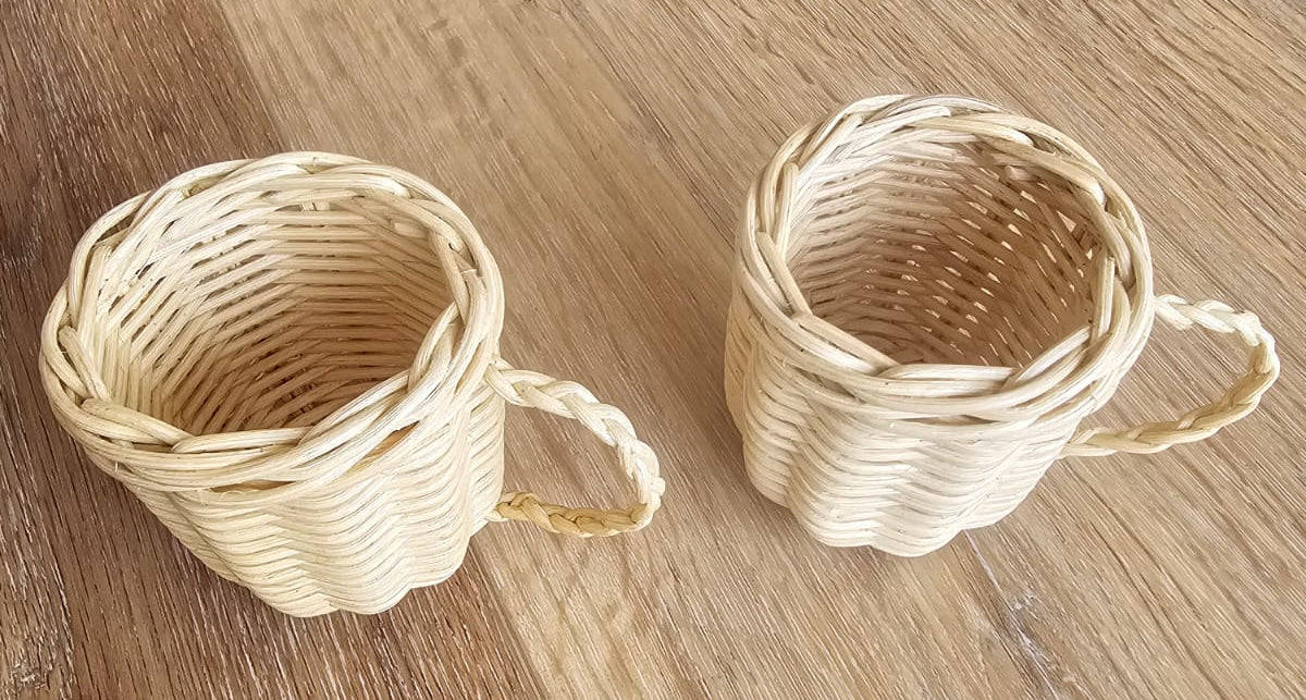 Close-up detail of handwoven rattan tea set craftsmanship