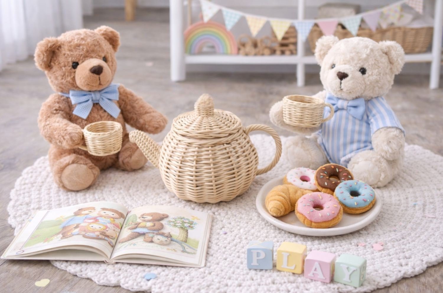 Wicker tea set displayed as a first birthday gift for toddlers