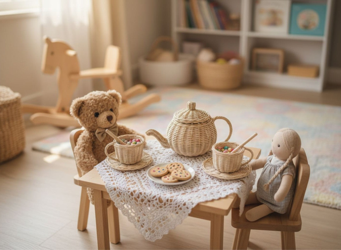 Wicker tea set styled in a wooden play kitchen for pretend play
