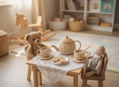 Wicker tea set styled in a wooden play kitchen for pretend play