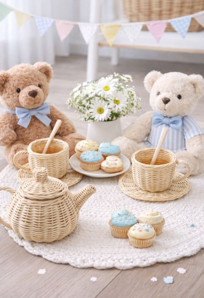 Sensory play wicker tea set designed for toddlers and young children