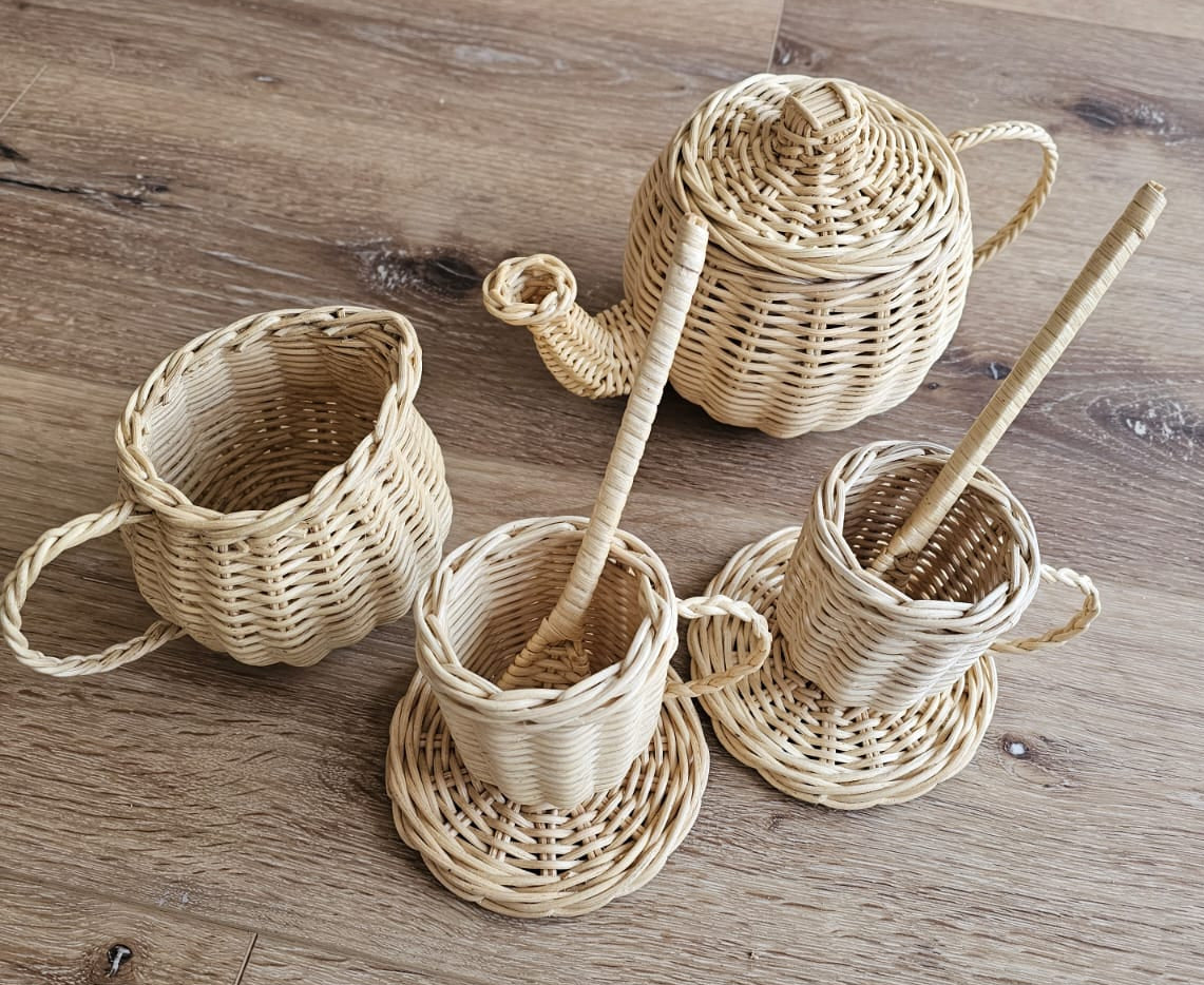 Teddy bear tea party with wicker tea set for imaginative play