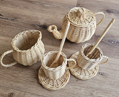 Teddy bear tea party with wicker tea set for imaginative play