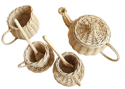 Handcrafted wicker tea set for kids designed for Montessori pretend play